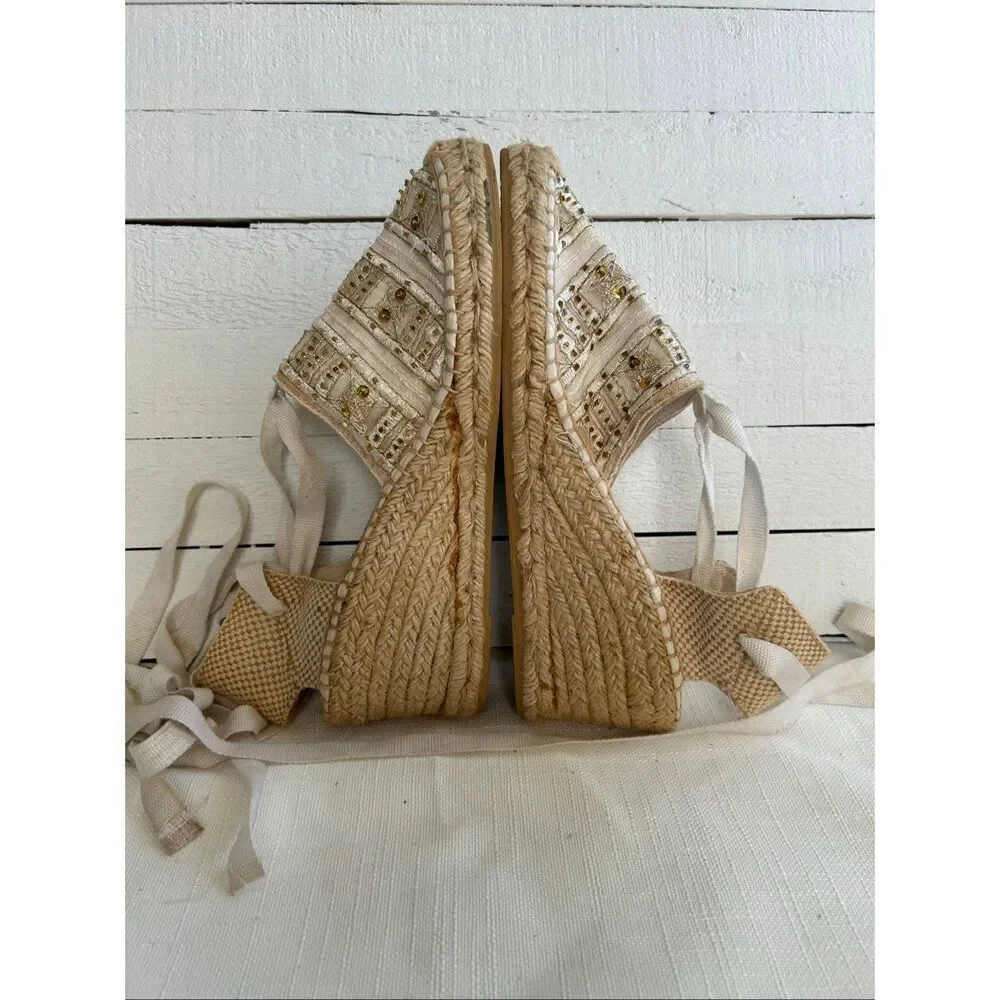 Impo Malibu Espadrille Wedge Sandals Women’s 8M Beige Lace Up Beaded Sequin